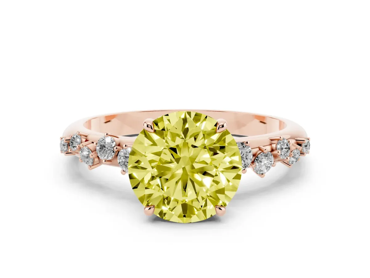 Fancy Yellow Round Cut Diamond Cluster Prong-Set Solitaire Ring Rose gold