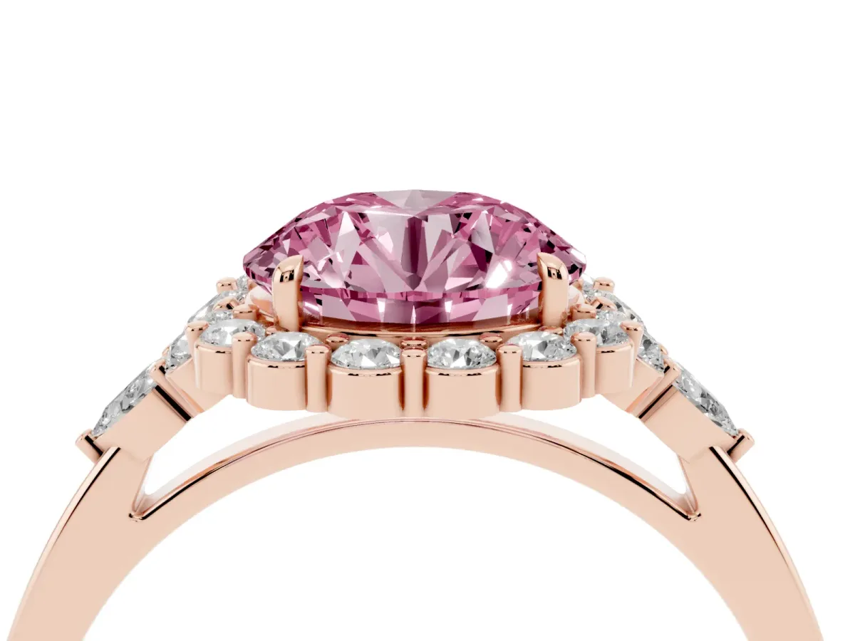Fancy Pink Round Cut Diamond Halo Ring with Pear Side Stones and Prong Setting Rose gold
