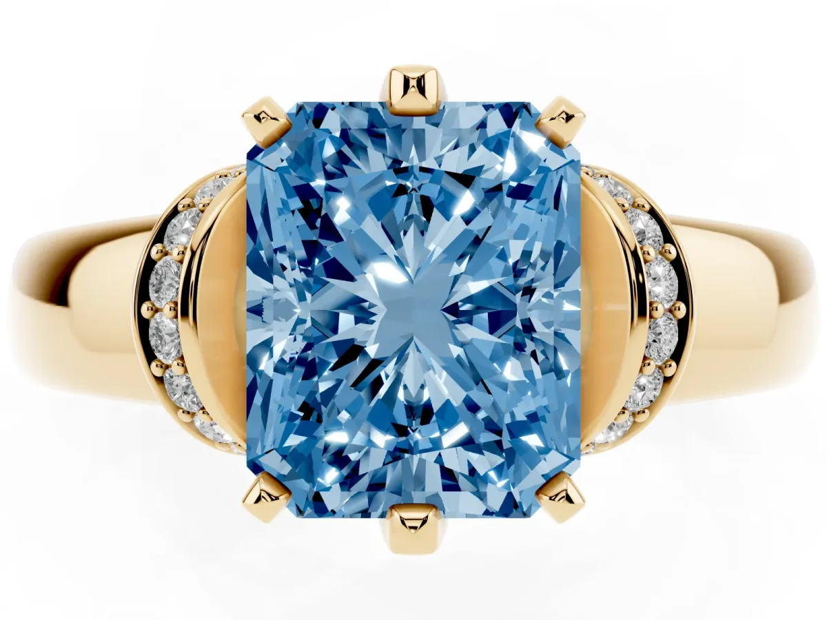 Fancy Blue Radiant Cut Solitaire Diamond Ring with Pave Band and Six-Prong Setting Yellow gold