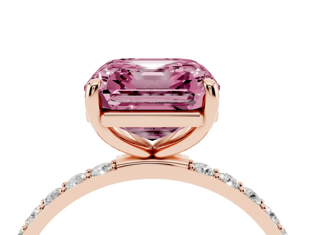 Fancy Pink Asscher Cut Diamond Solitaire Ring with Round Pavé Band and Prong Setting Rose gold