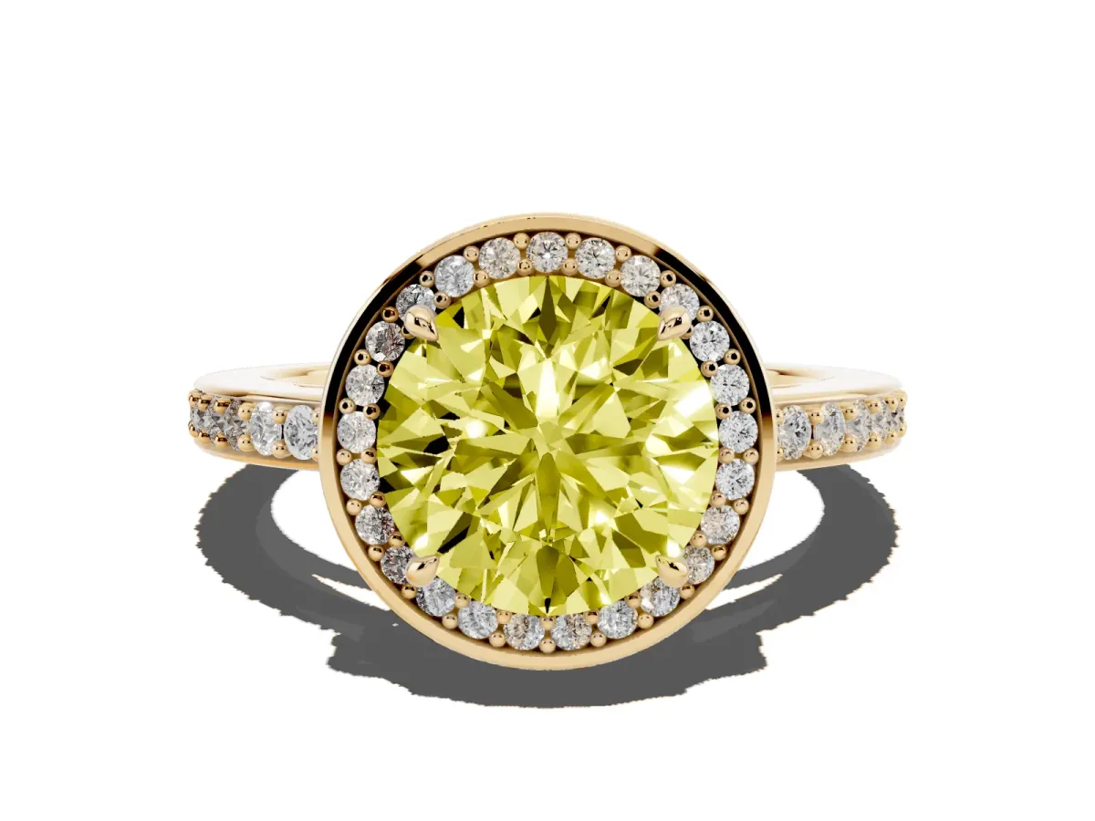 Fancy Yellow Round Cut Halo Pave Band Solitaire Ring with Prong Setting Yellow gold