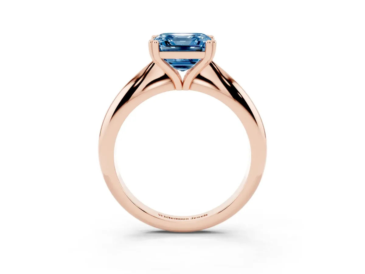 Fancy Blue Asscher Cut Cut Solitaire Engagement Ring with Tapered Band and Four-Prong Setting Rose gold