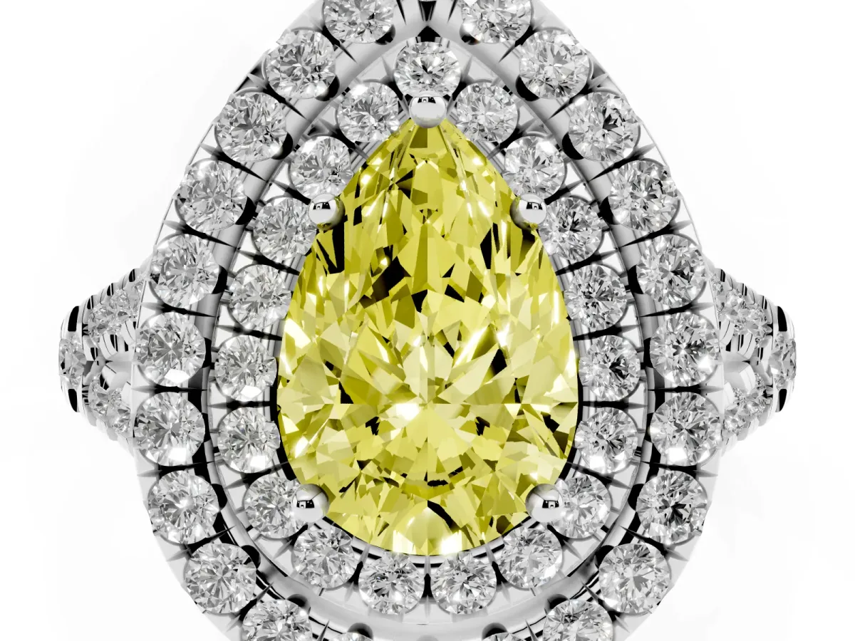 Fancy Yellow Double Halo Pear Cut Diamond Pavé Split Shank Ring with Prong Setting White gold