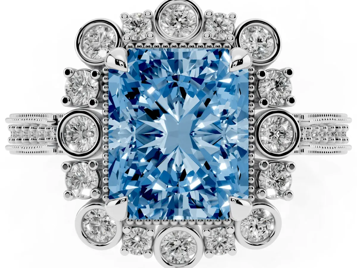 Fancy Blue Radiant Cut Halo Milgrain Pave Diamond Ring with Four-Prong Setting Silver