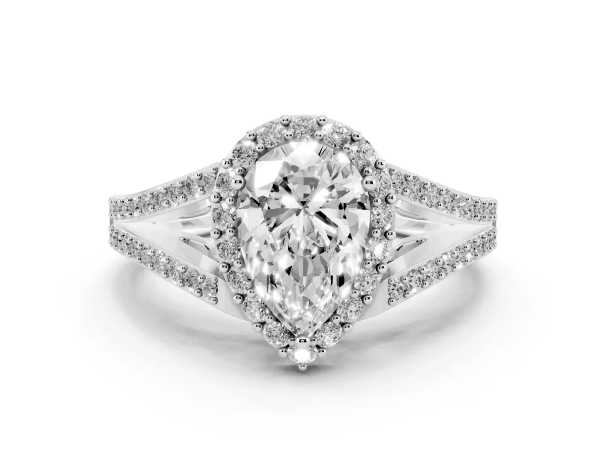 Pear Cut Halo Split Shank Diamond Ring with Prong Setting Platinum