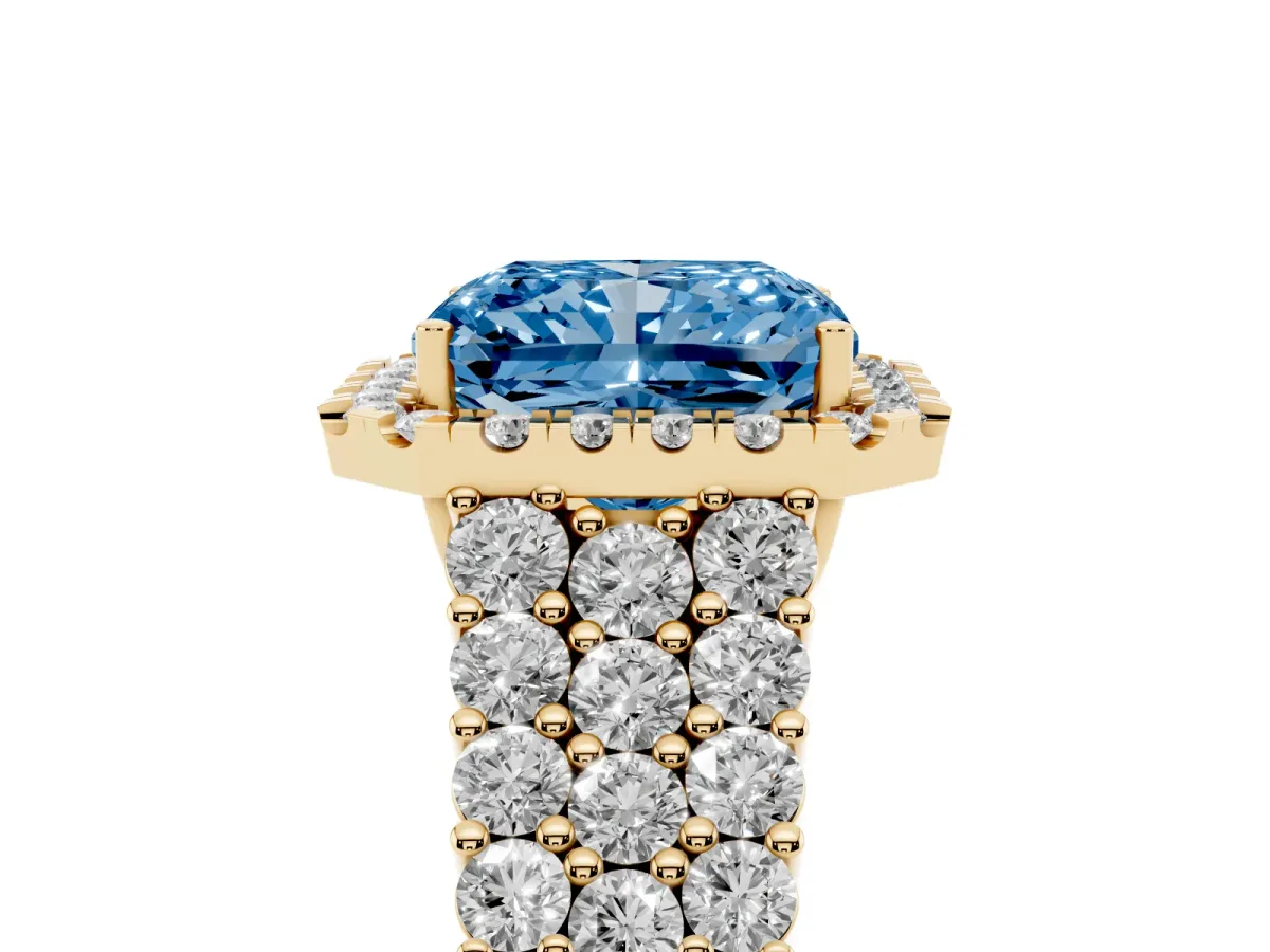 Fancy Blue Radiant Cut Diamond Halo Engagement Ring with Triple Row Round Pavé Band and Prong Setting Yellow gold