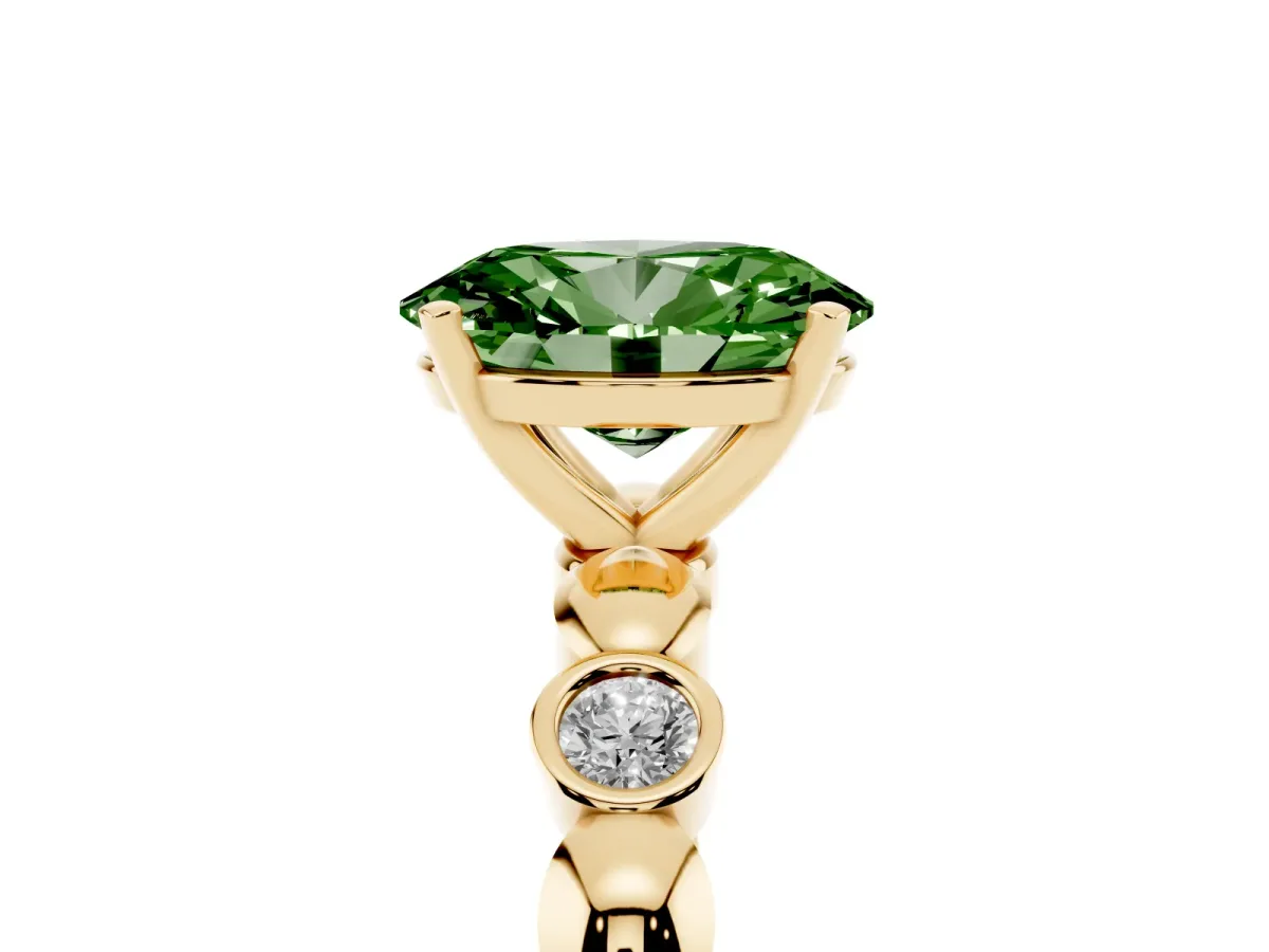 Fancy Green Oval Cut Solitaire Bezel-Set Diamond Ring with Beaded Band and Four-Prong Setting Yellow gold