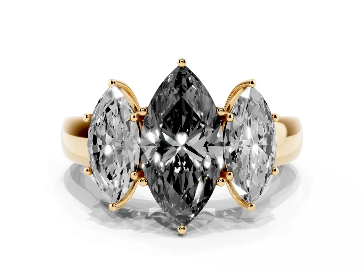 Fancy Black Three-Stone Marquise Cut Cut Diamond Ring with Prong Setting and Classic Band Yellow gold