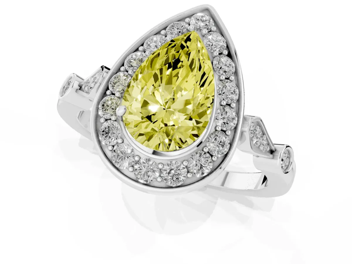 Fancy Yellow Pear Cut Halo Diamond Engagement Ring with Twisted Band and Four-Prong Setting Platinum