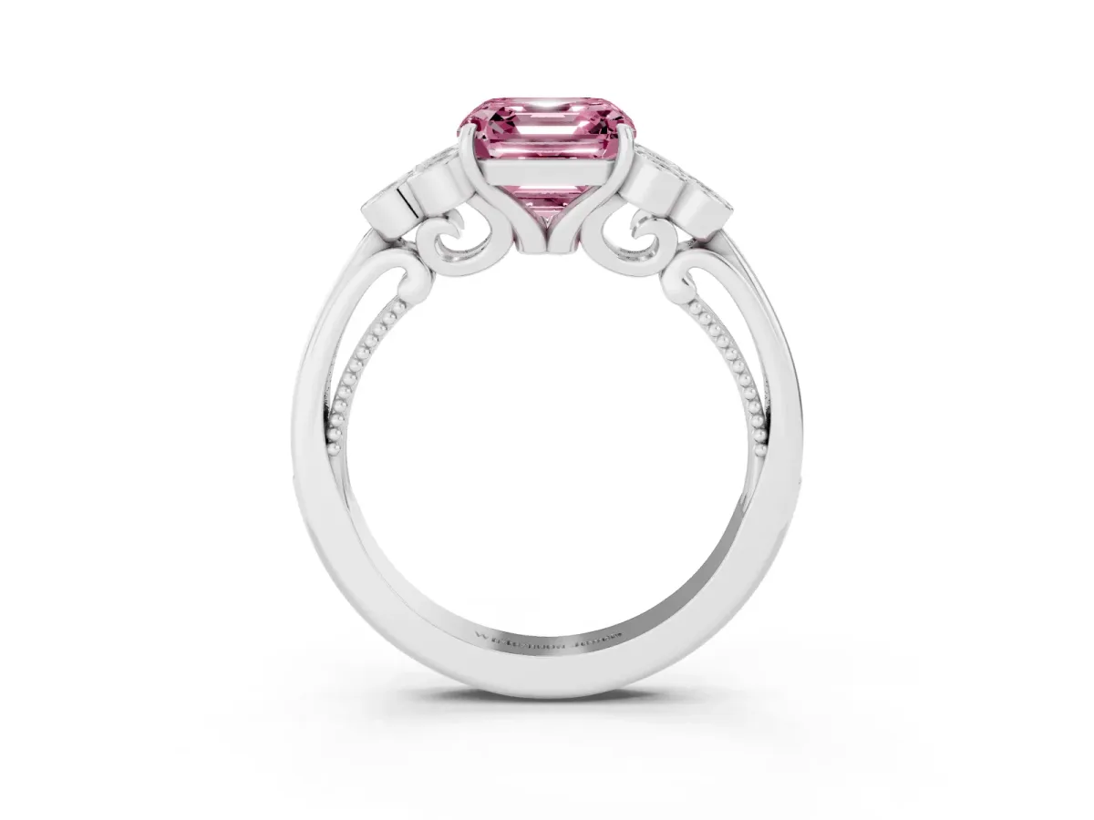 Fancy Pink Asscher Cut Cut Diamond Engagement Ring with Bezel Set Round Side Stones and Prong Setting White gold