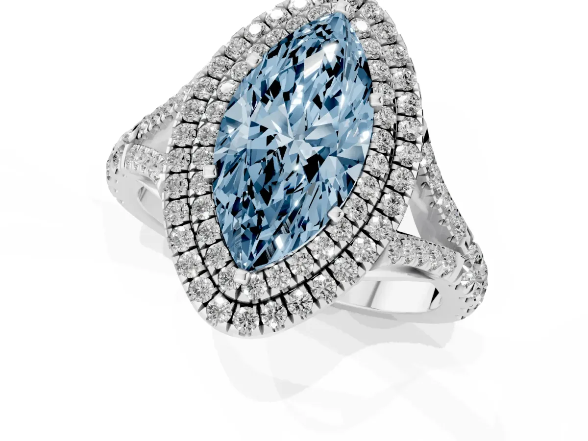 Fancy Blue Marquise Cut Cut Double Halo Split Shank Diamond Ring with Prong Setting Platinum