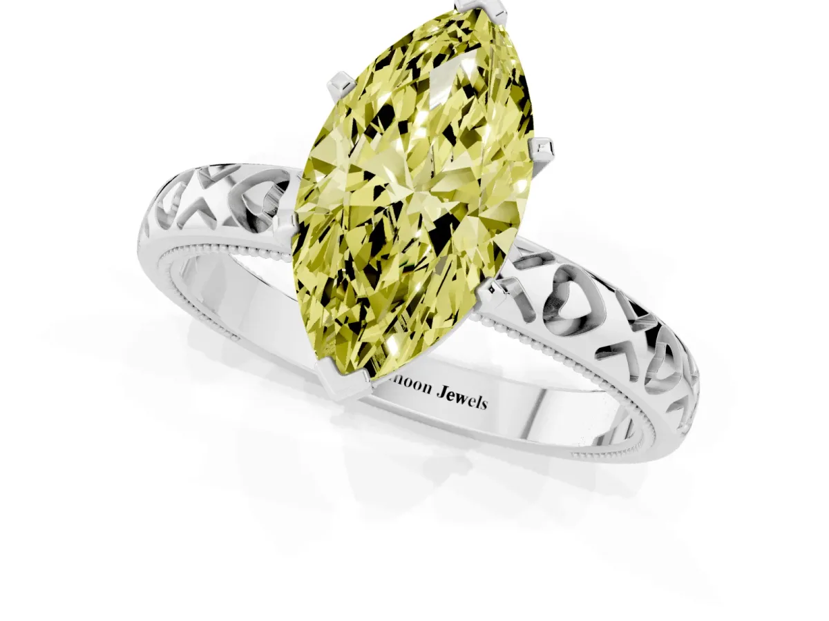 Fancy Yellow Marquise Cut Solitaire Diamond Engagement Ring with XO Engraved Band and Four-Prong Setting White gold