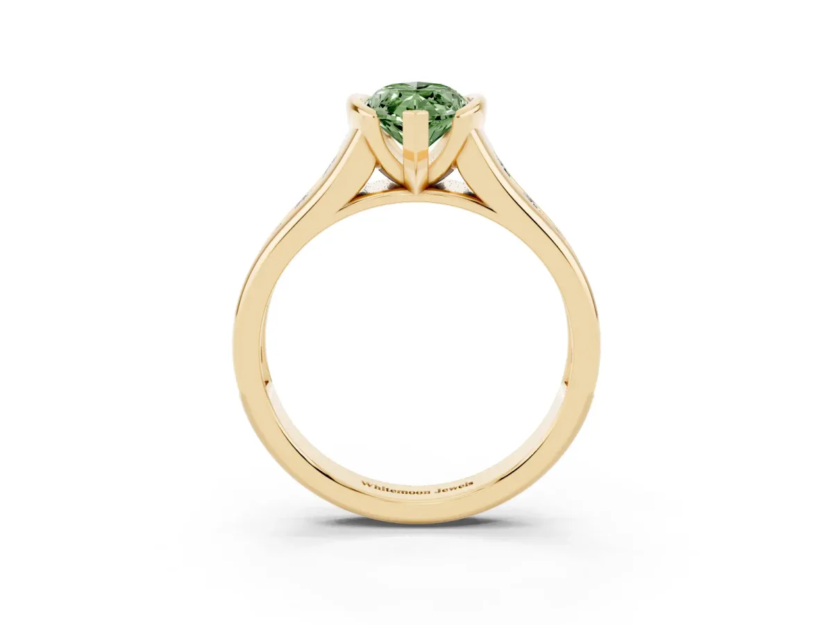 Fancy Green Marquise Cut Solitaire Bezel-Set Diamond Ring with Channel-Set Band Yellow gold