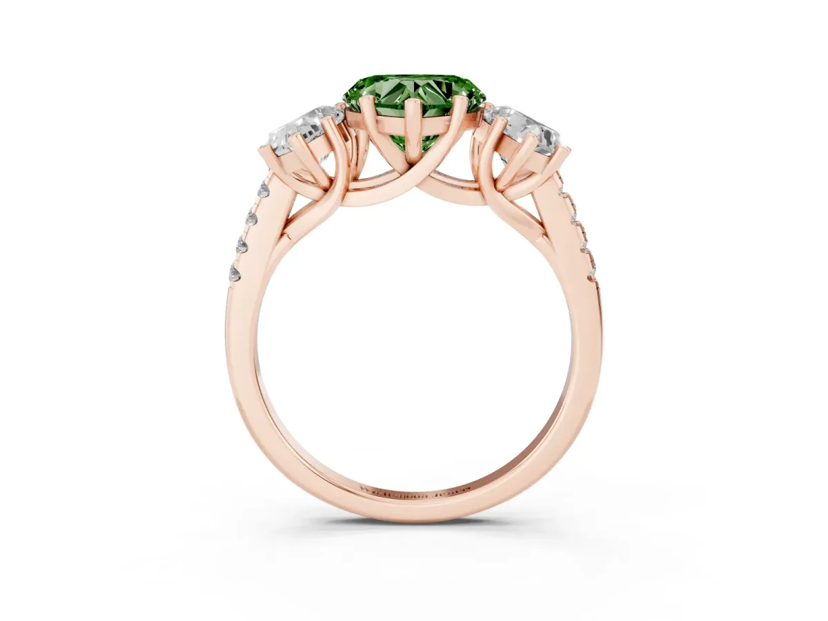 Fancy Green Three-Stone Heart Cut Diamond Ring with Round Pavé Band and Prong Setting Rose gold