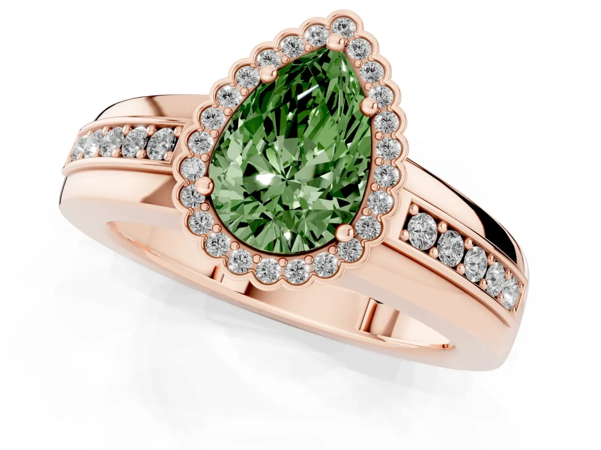 Fancy Green Pear Cut Cut Halo Pave Band Four-Prong Ring Rose gold