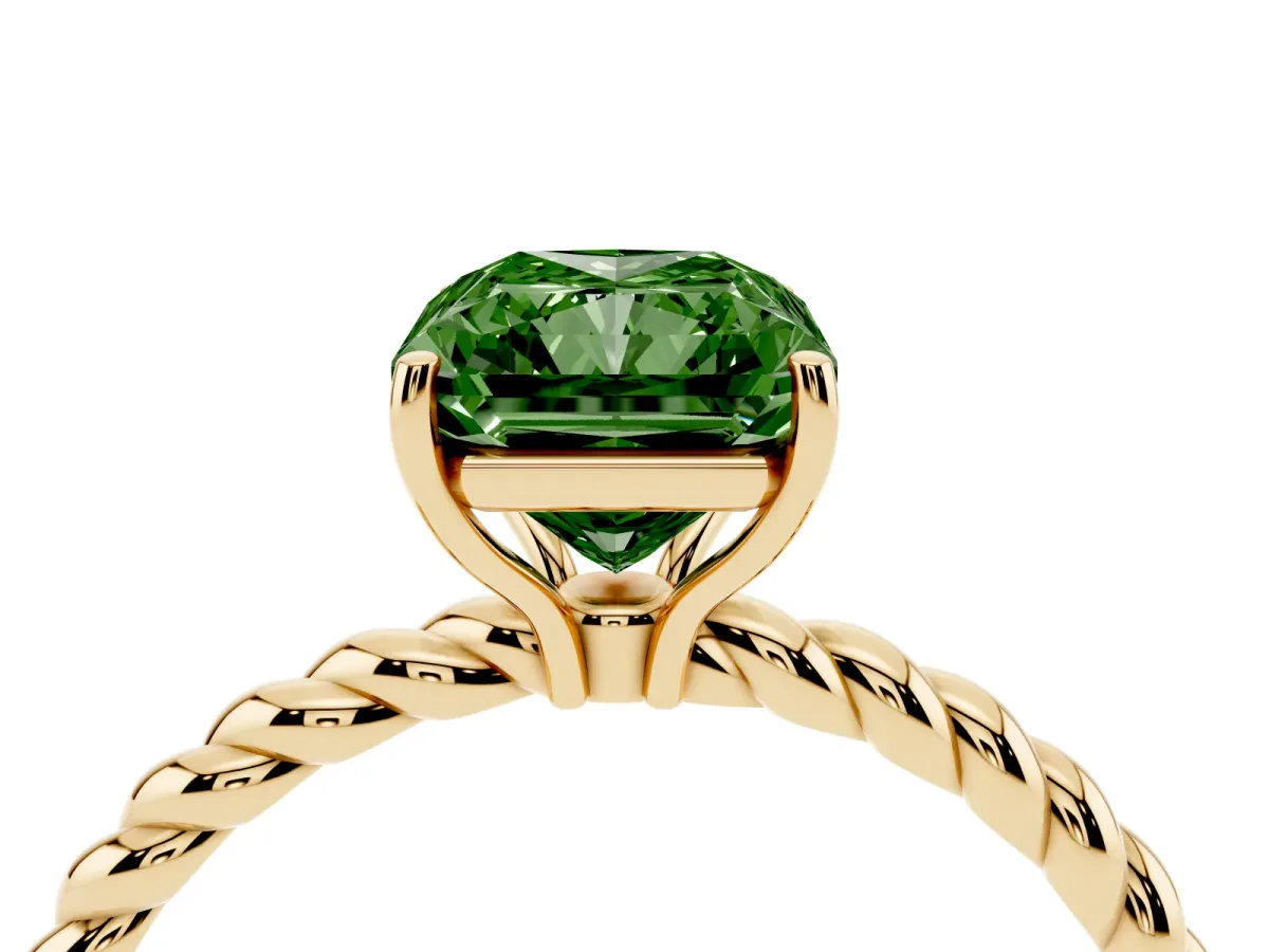 Fancy Green Radiant Cut Solitaire Twist Band Ring with Four-Prong Setting Yellow gold