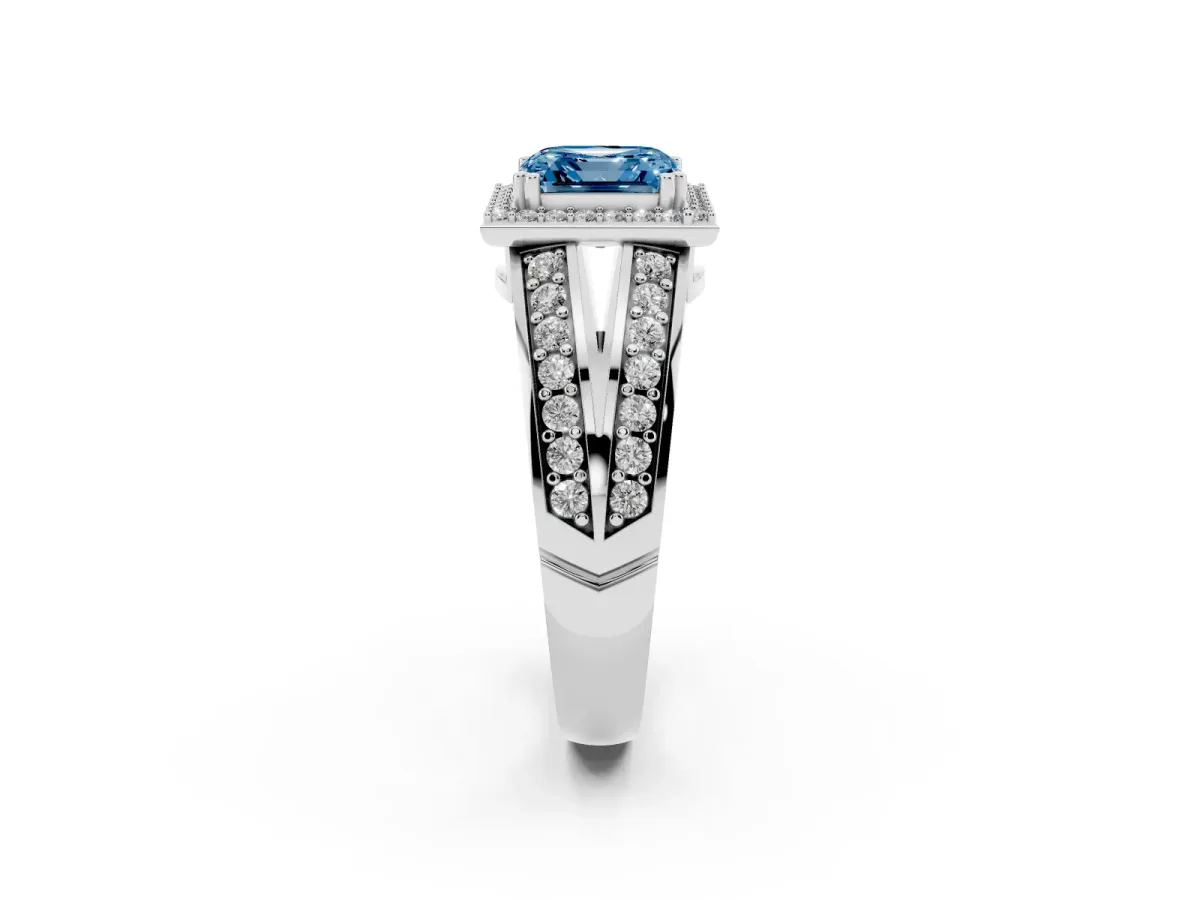 Fancy Blue Asscher Cut Diamond Halo Ring with Split Shank Pavé Band and Four-Prong Setting Silver