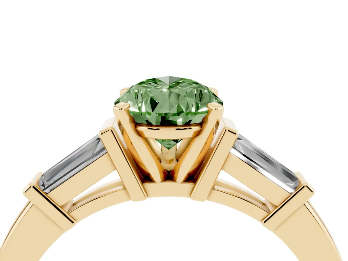 Fancy Green Pear Cut Cut Diamond Solitaire Ring with Tapered Baguette Accents and Four-Prong Setting Yellow gold