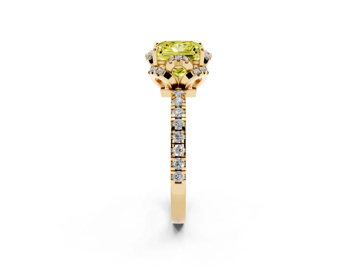 Fancy Yellow Princess Cut Diamond Halo Pave Band with Four-Prong Setting Yellow gold
