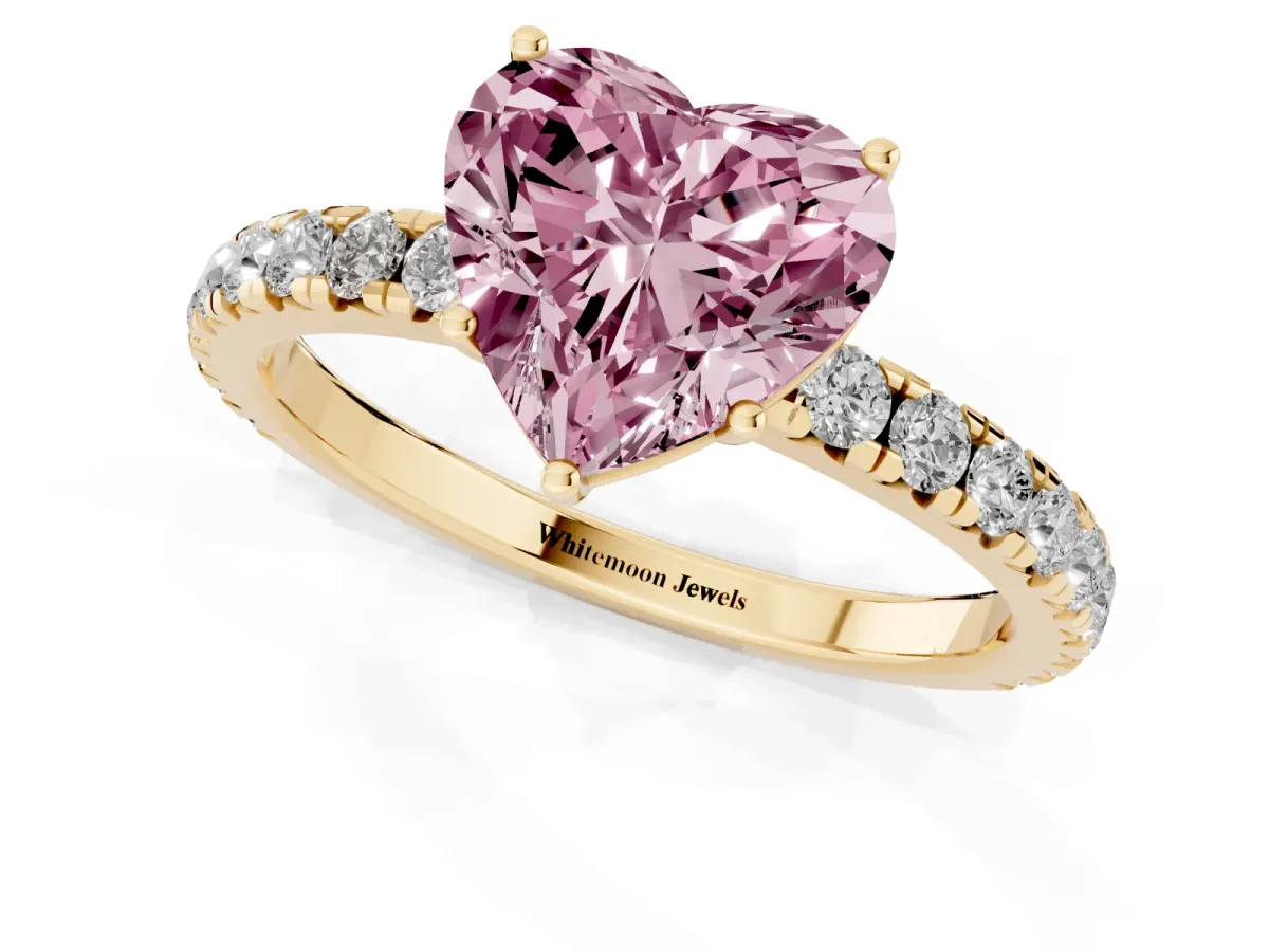 Fancy Pink Heart Cut Diamond Pavé Solitaire Engagement Ring with Four-Prong Setting Yellow gold