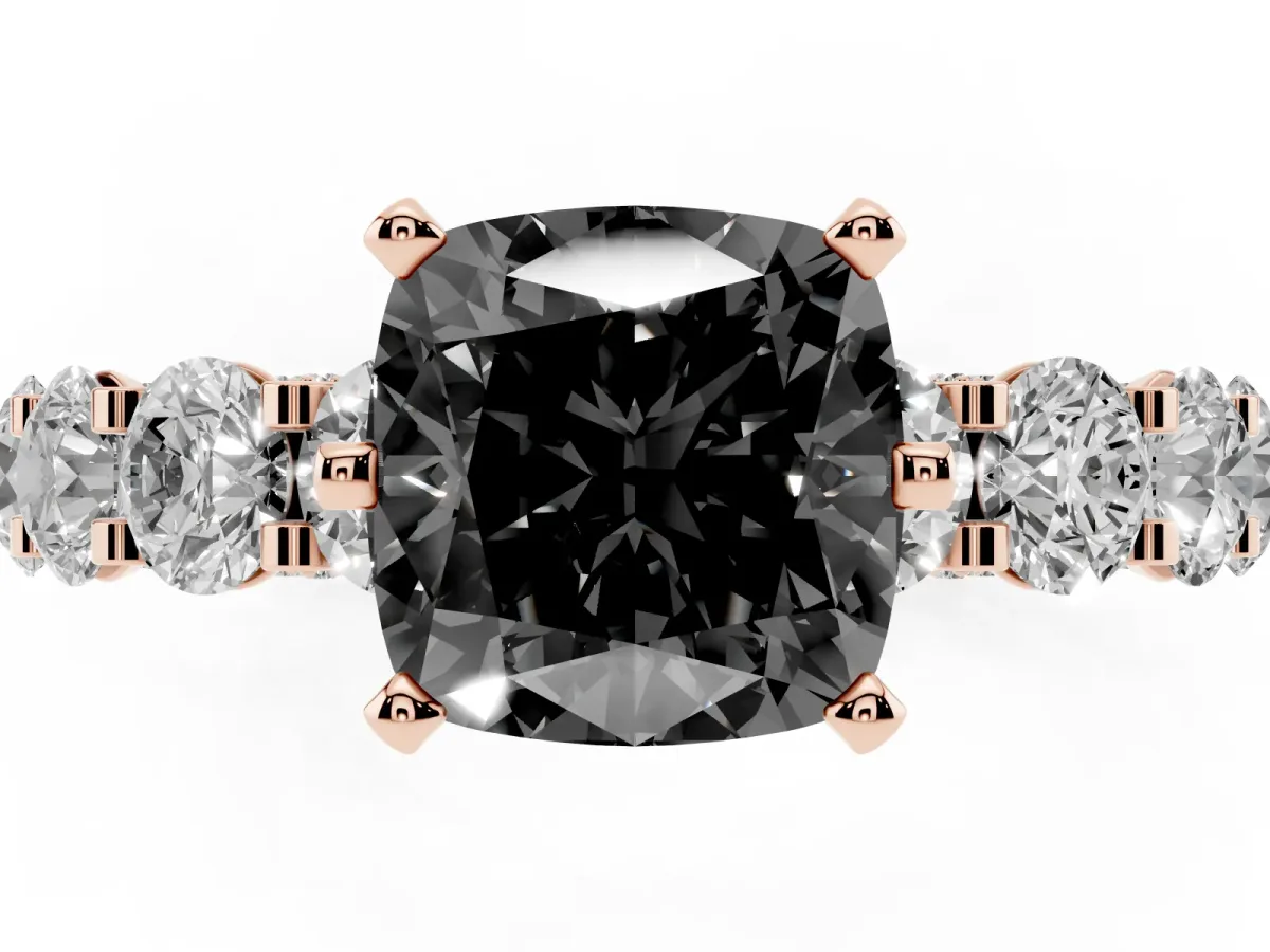 Fancy Black Cushion Cut Diamond Side Stone Engagement Ring with Four-Prong Setting Rose gold