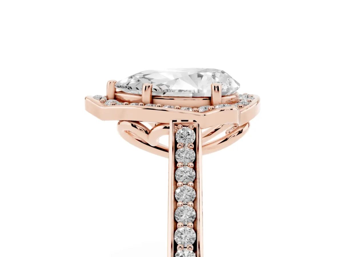 Pear Cut Halo Round Diamond Pave Band with Four-Prong Setting Rose gold