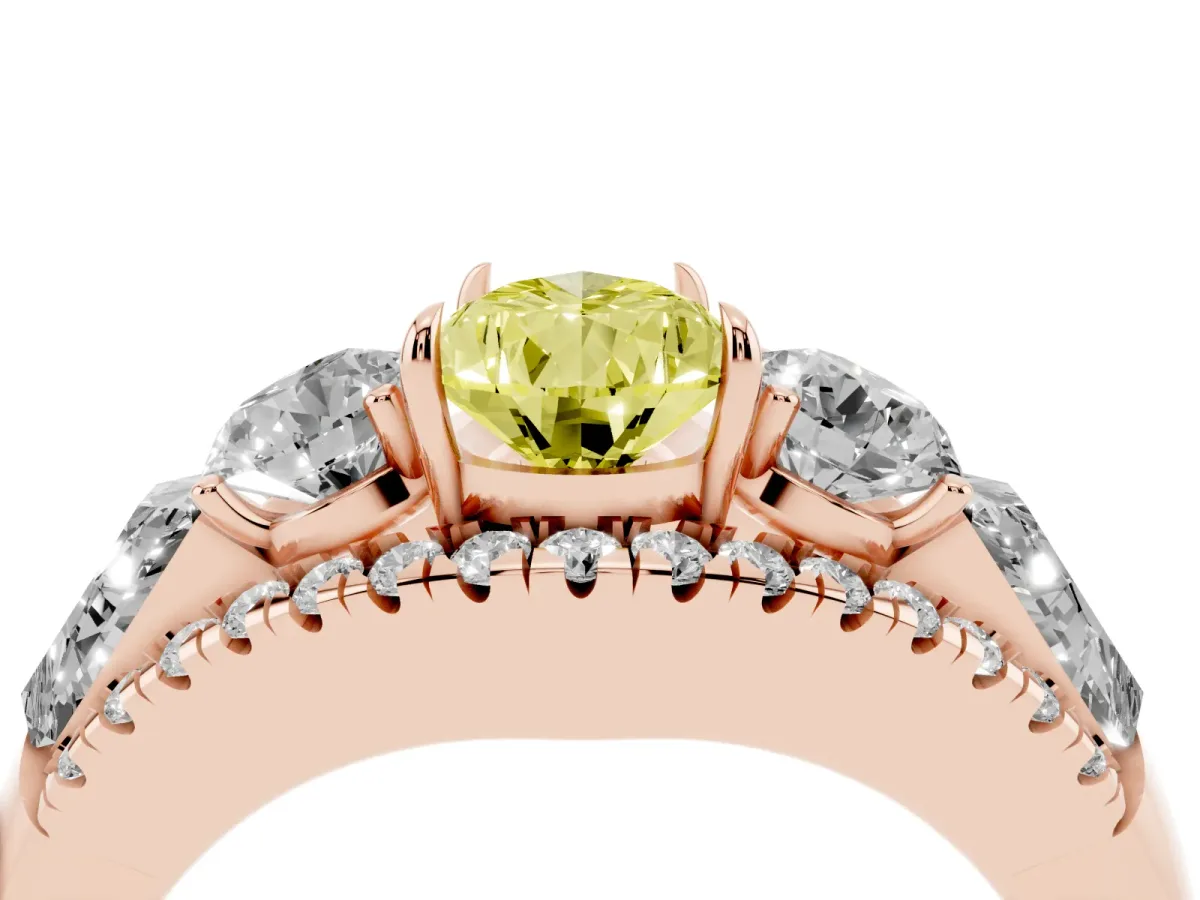 Fancy Yellow Three-Stone Pear Cut Diamond Engagement Ring with Pave Band and Prong Setting Rose gold
