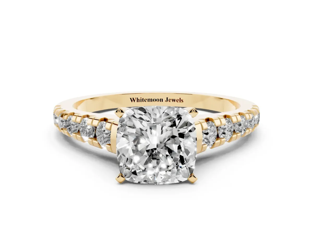Cushion Cut Diamond Cathedral Solitaire Ring with Round Pavé Band Yellow gold