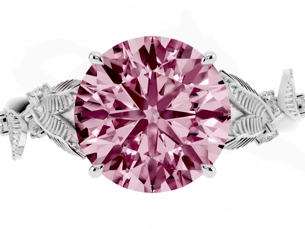 Fancy Pink Round Cut Diamond Solitaire Ring with Leaf Motif Band and Four-Prong Setting Platinum