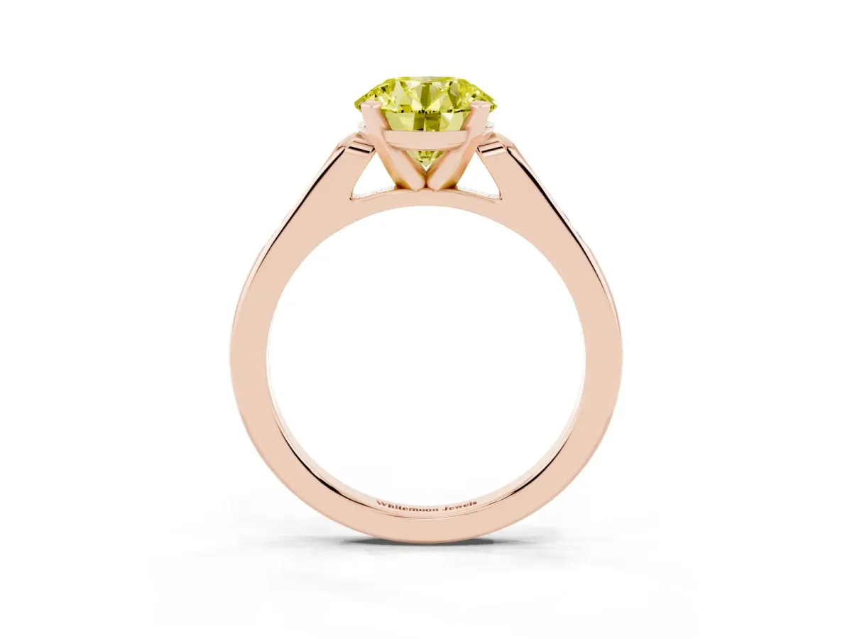 Fancy Yellow Round Cut Diamond Solitaire Ring with Channel Set Round Band and Prong Setting Rose gold