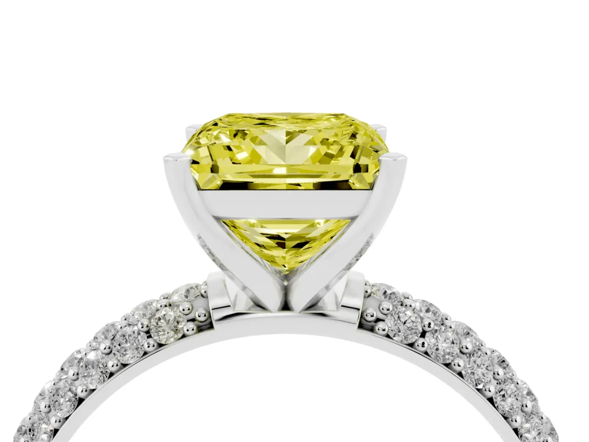 Fancy Yellow Princess Cut Diamond Solitaire Ring with Prong Setting and Pavé Band Silver