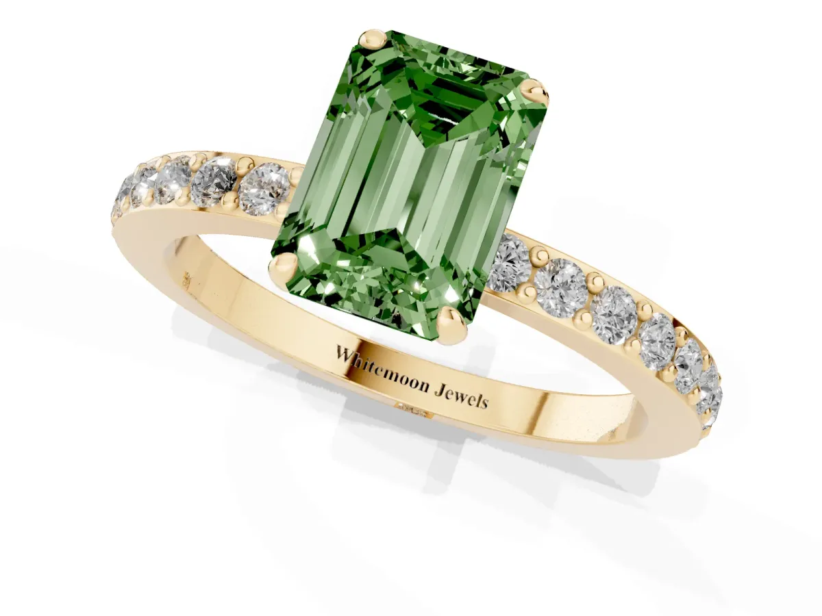 Fancy Green Emerald Cut Diamond Pavé Engagement Ring with Round Accents and Prong Setting Yellow gold
