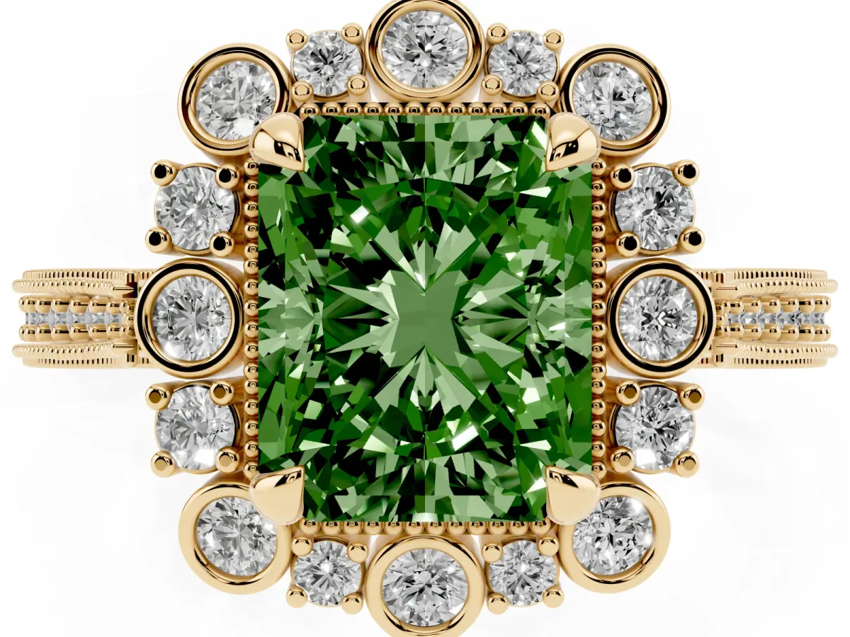 Fancy Green Radiant Cut Halo Milgrain Pave Diamond Ring with Four-Prong Setting Yellow gold