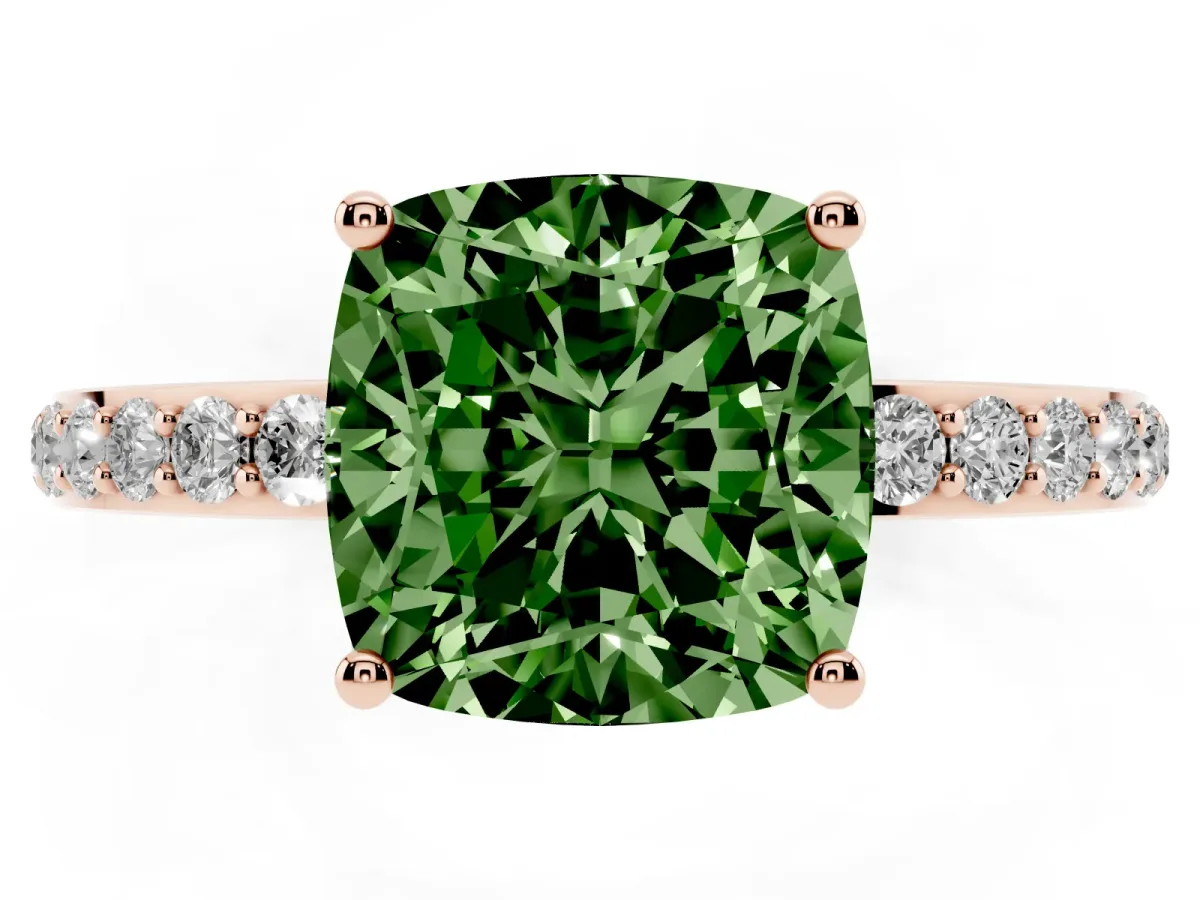 Fancy Green Cushion Cut Diamond Solitaire Ring with Pavé Band and Hidden Halo Rose gold