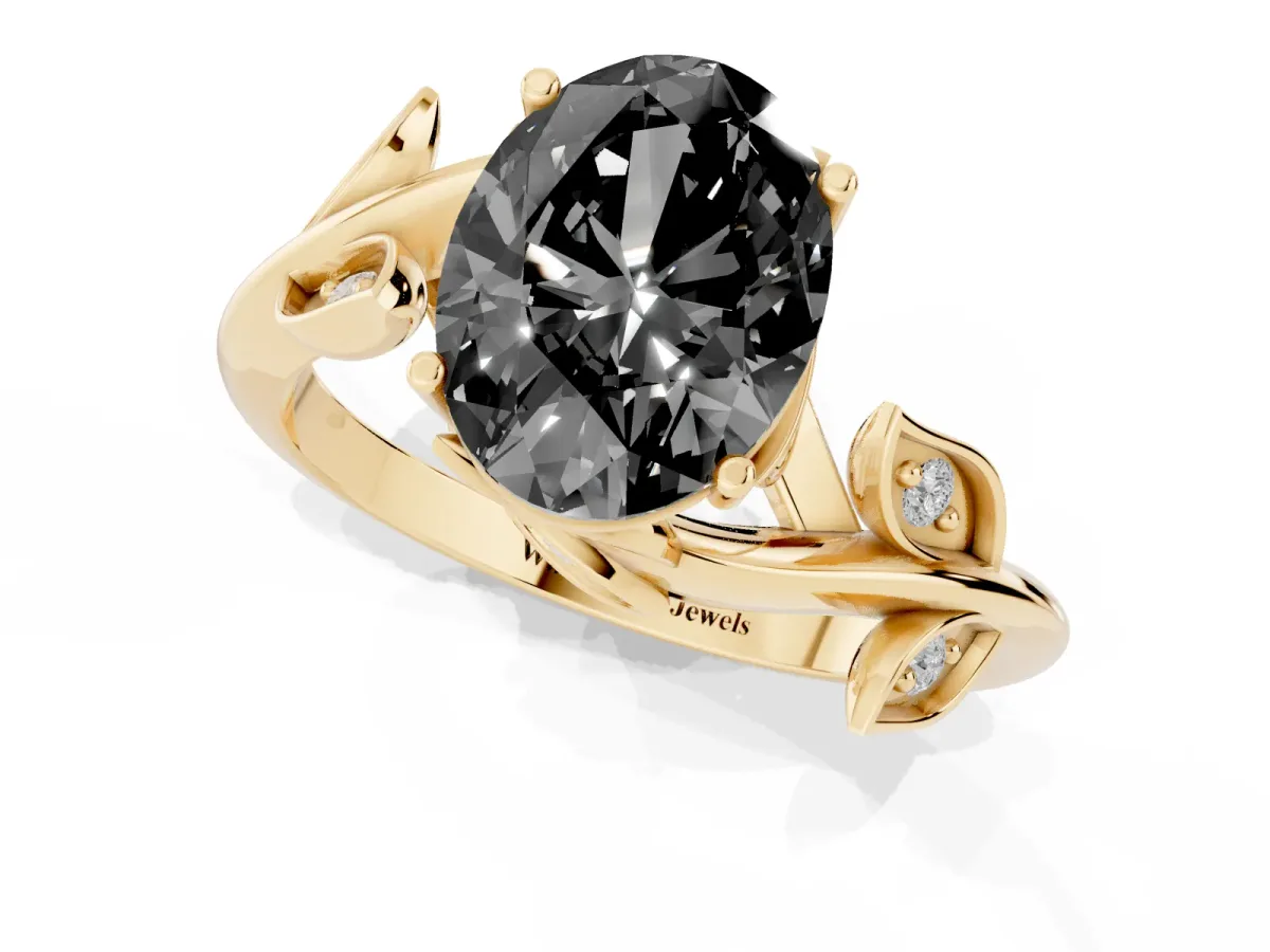 Fancy Black Oval Cut Solitaire Twist Engagement Ring with Leaf Accents and Prong Setting Yellow gold