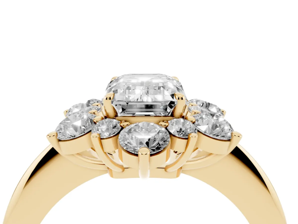 Emerald Cut Diamond Cluster Halo Ring with Solitaire Band and Four-Prong Setting Yellow gold