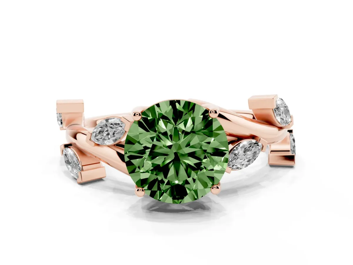 Fancy Green Round Cut Solitaire Twisted Band Marquise Accent Prong Setting Ring Rose gold