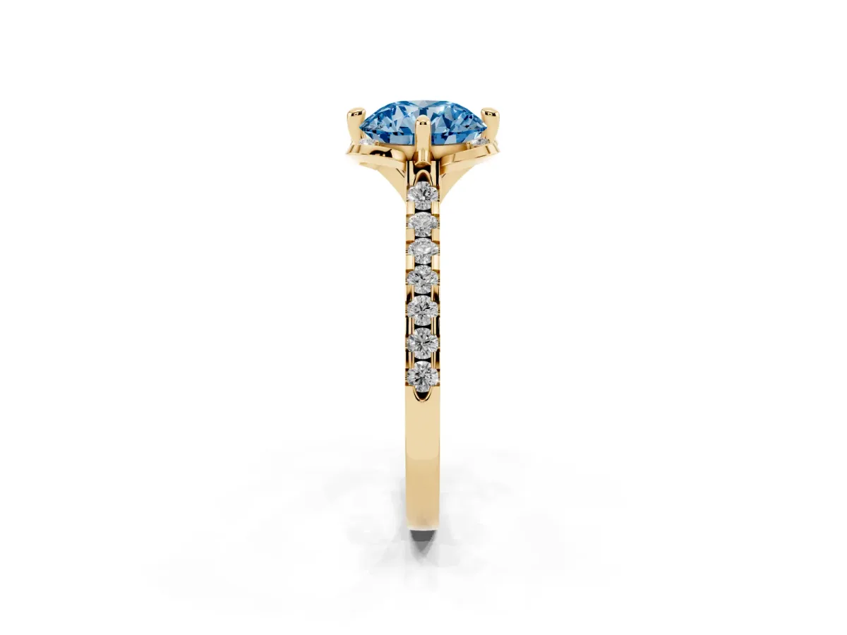 Fancy Blue Round Cut Diamond Ring with Pavé Band and Floral Prong Setting Yellow gold