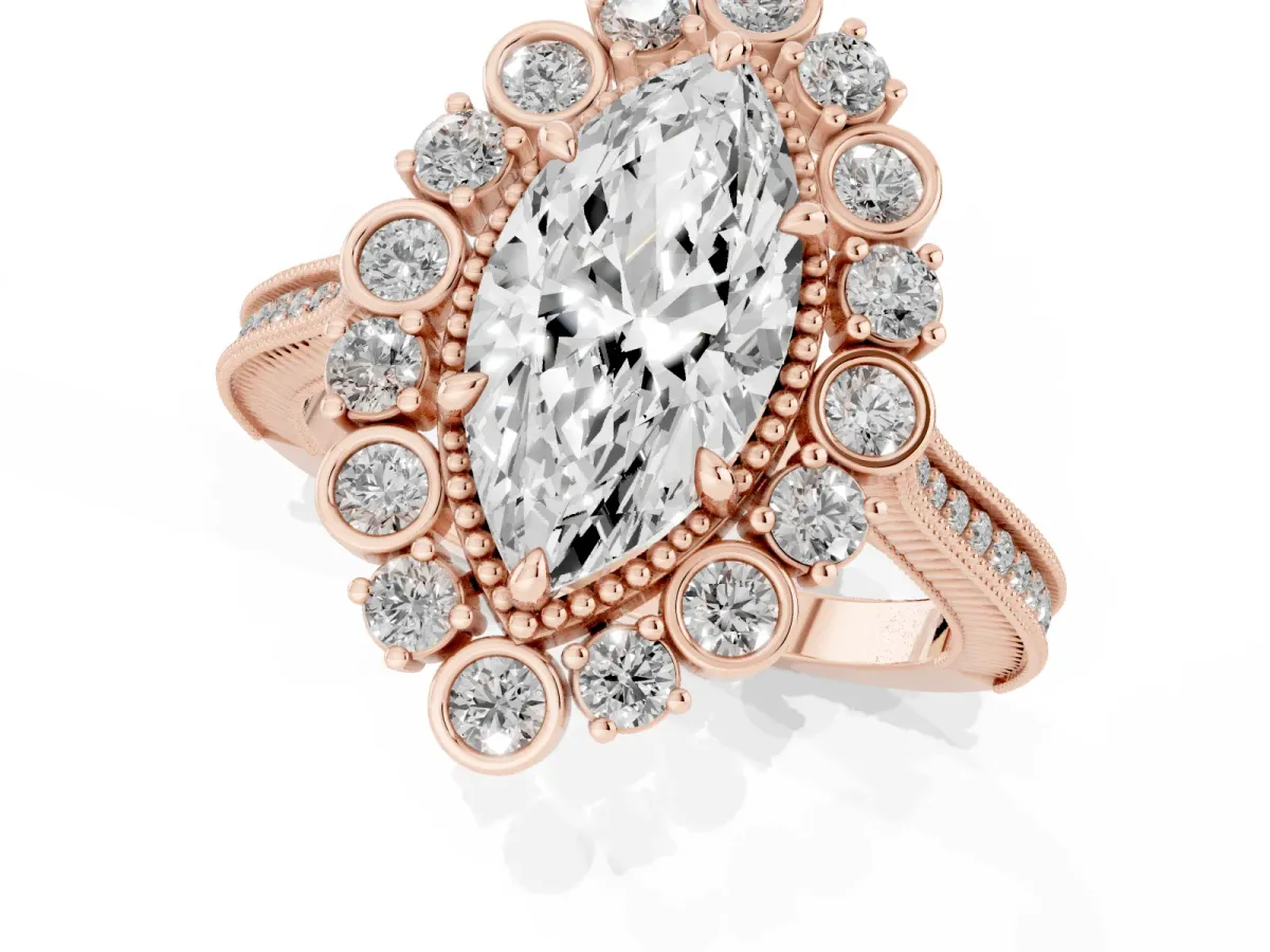 Marquise Cut Halo Milgrain Pave Diamond Ring with Four-Prong Setting Rose gold