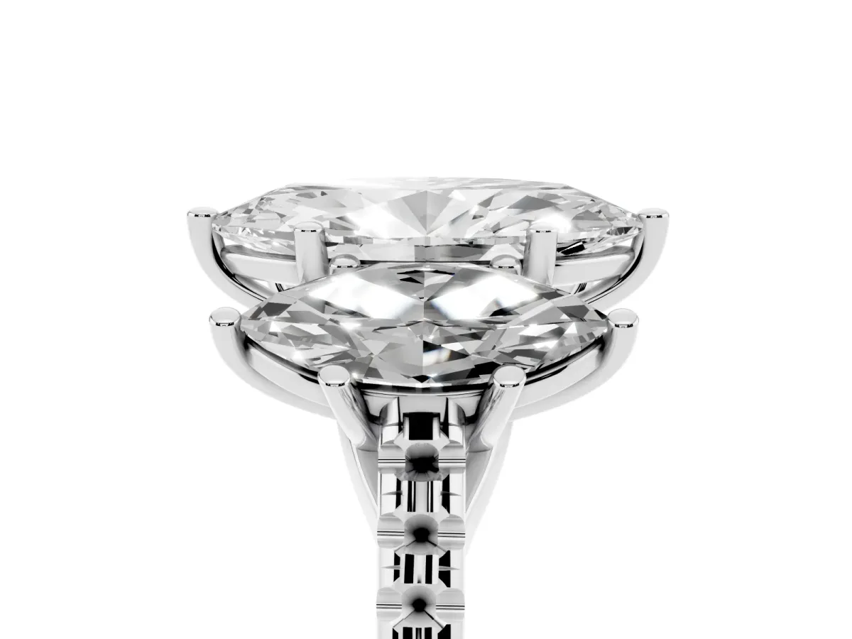 Three-Stone Marquise Cut Diamond Ring with Round Pavé Band and Prong Setting Silver