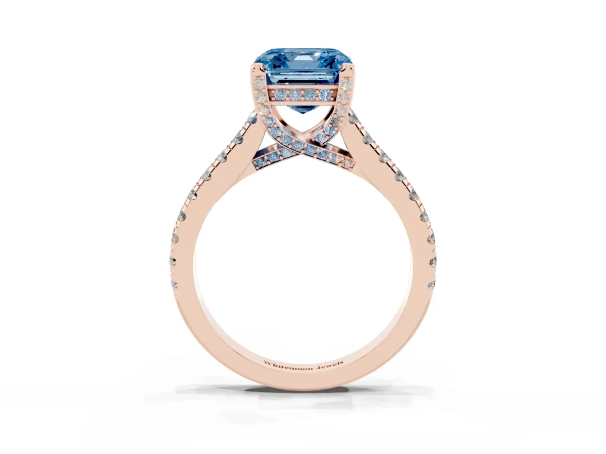 Fancy Blue Asscher Cut Brilliant Diamond Solitaire with Pavé Band and Four-Prong Setting Rose gold