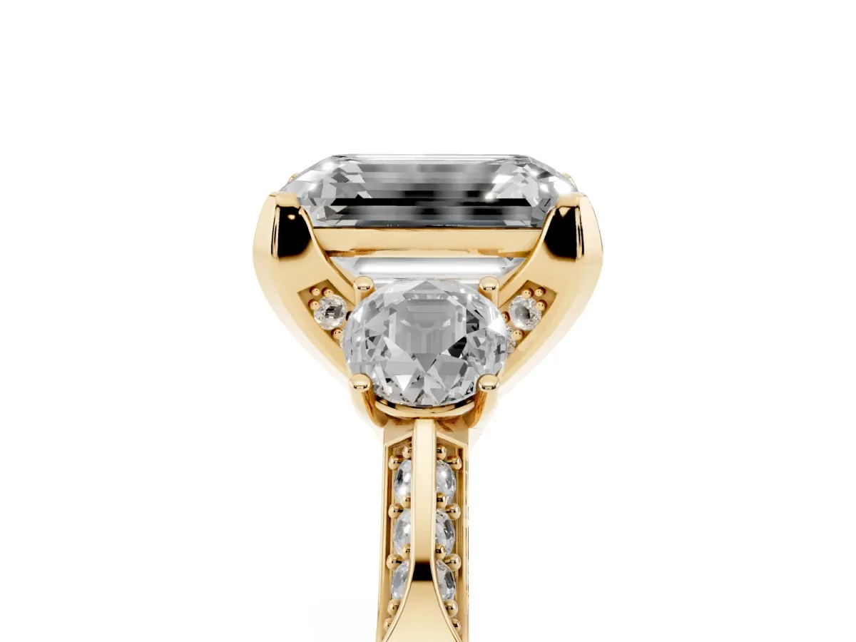 Fancy Green Emerald Cut Brilliant Three-Stone Diamond Ring with Pavé Band and Four-Prong Setting Yellow gold