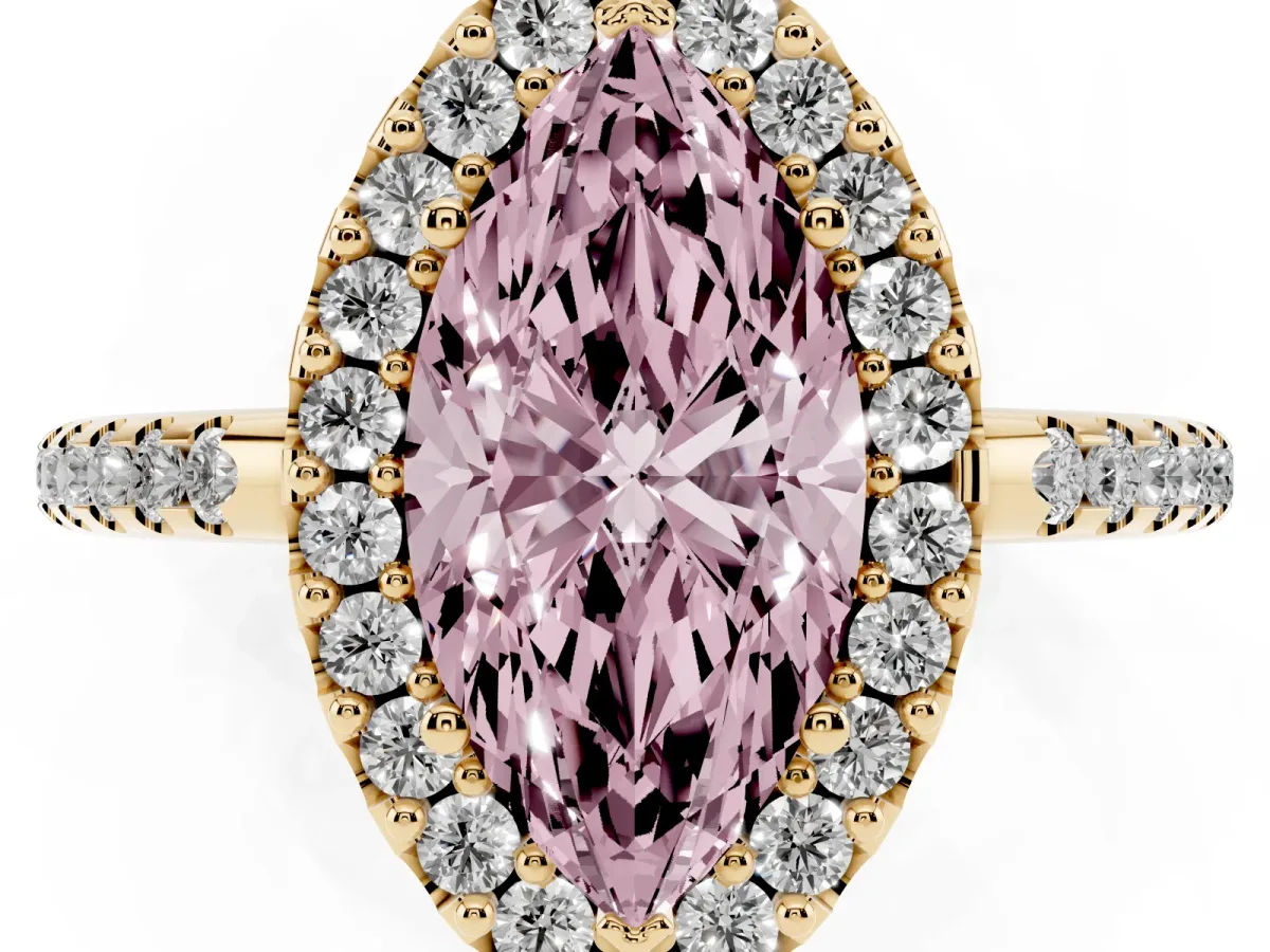 Fancy Pink Marquise Cut Diamond Pavé Halo Ring with Four-Prong Setting Yellow gold