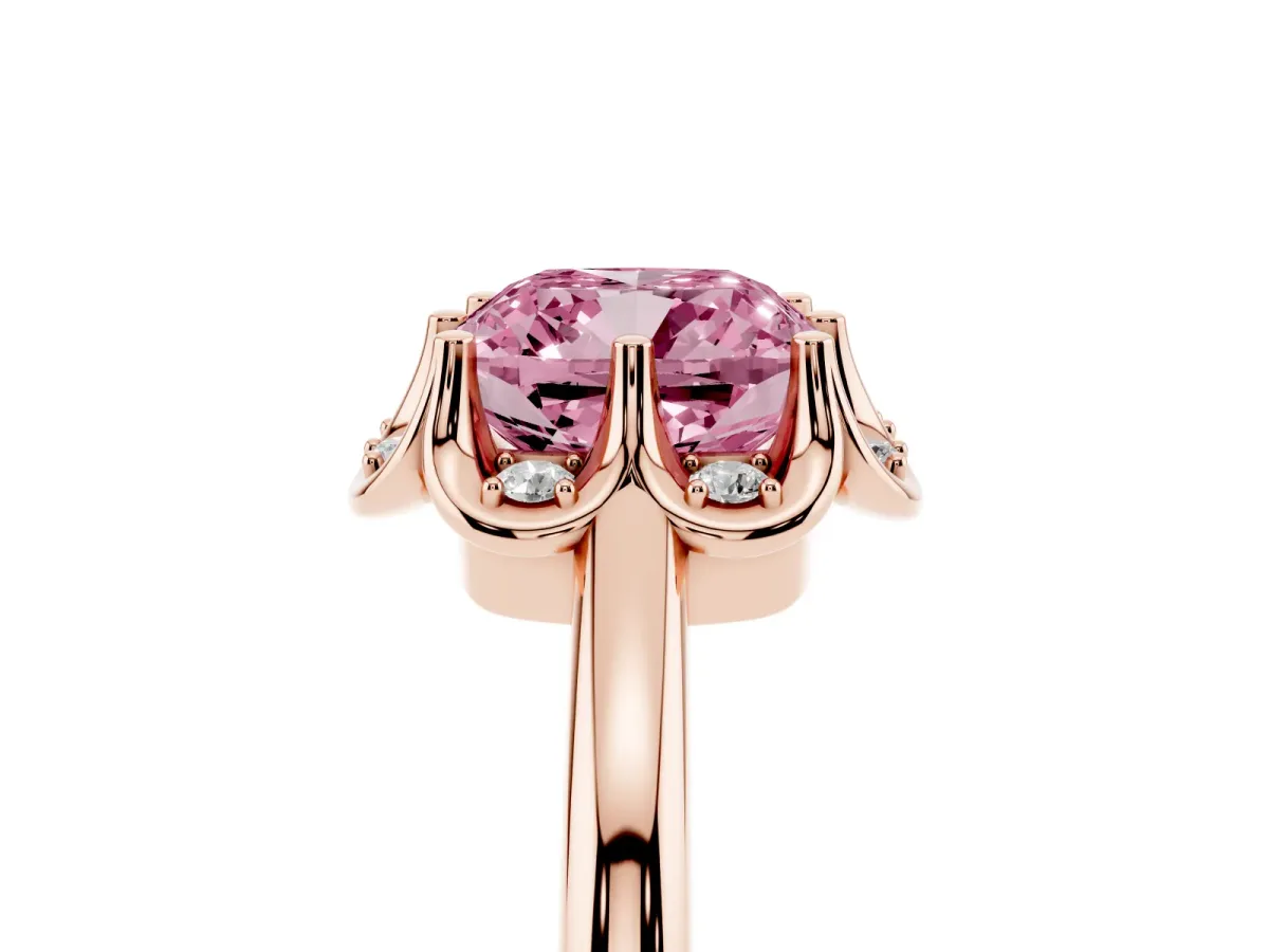 Fancy Pink Cushion Cut Halo Diamond Ring with Round Cluster Setting, Solitaire Band, and Four-Prong Setting Rose gold