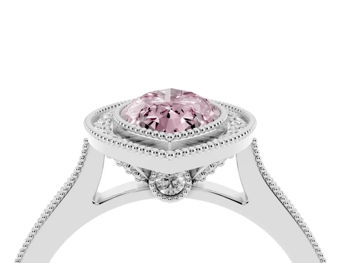 Fancy Pink Halo Marquise Cut-Cut Diamond Pave Band Milgrain Prong Setting Ring Silver