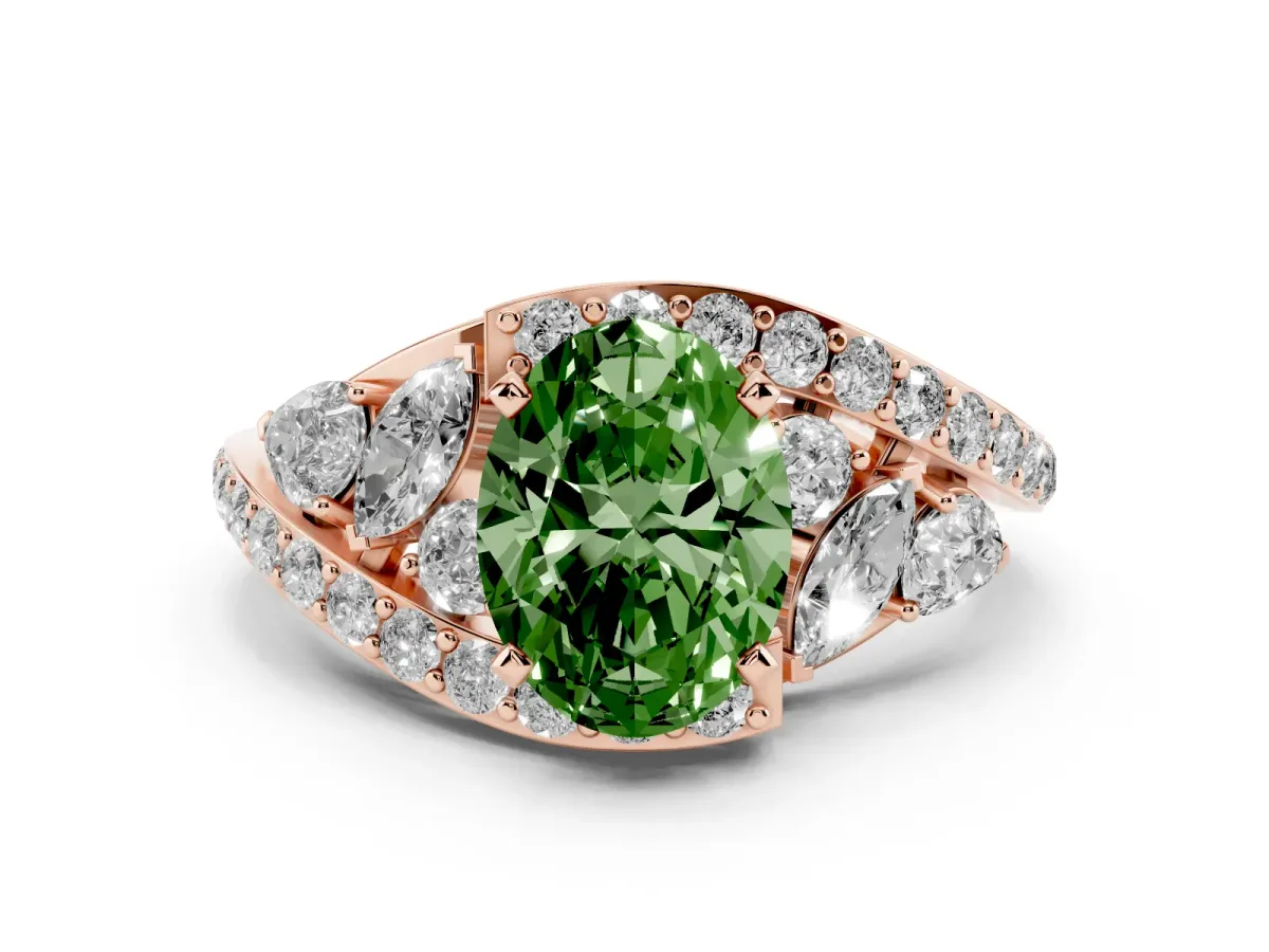 Fancy Green Oval Cut Diamond Halo Ring with Marquise and Pavé Band in Prong Setting Rose gold