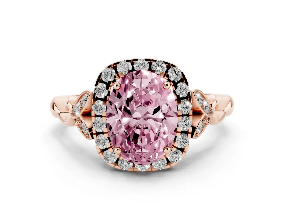Fancy Pink Oval Cut Halo Diamond Engagement Ring with Vintage-Inspired Band and Four-Prong Setting Rose gold