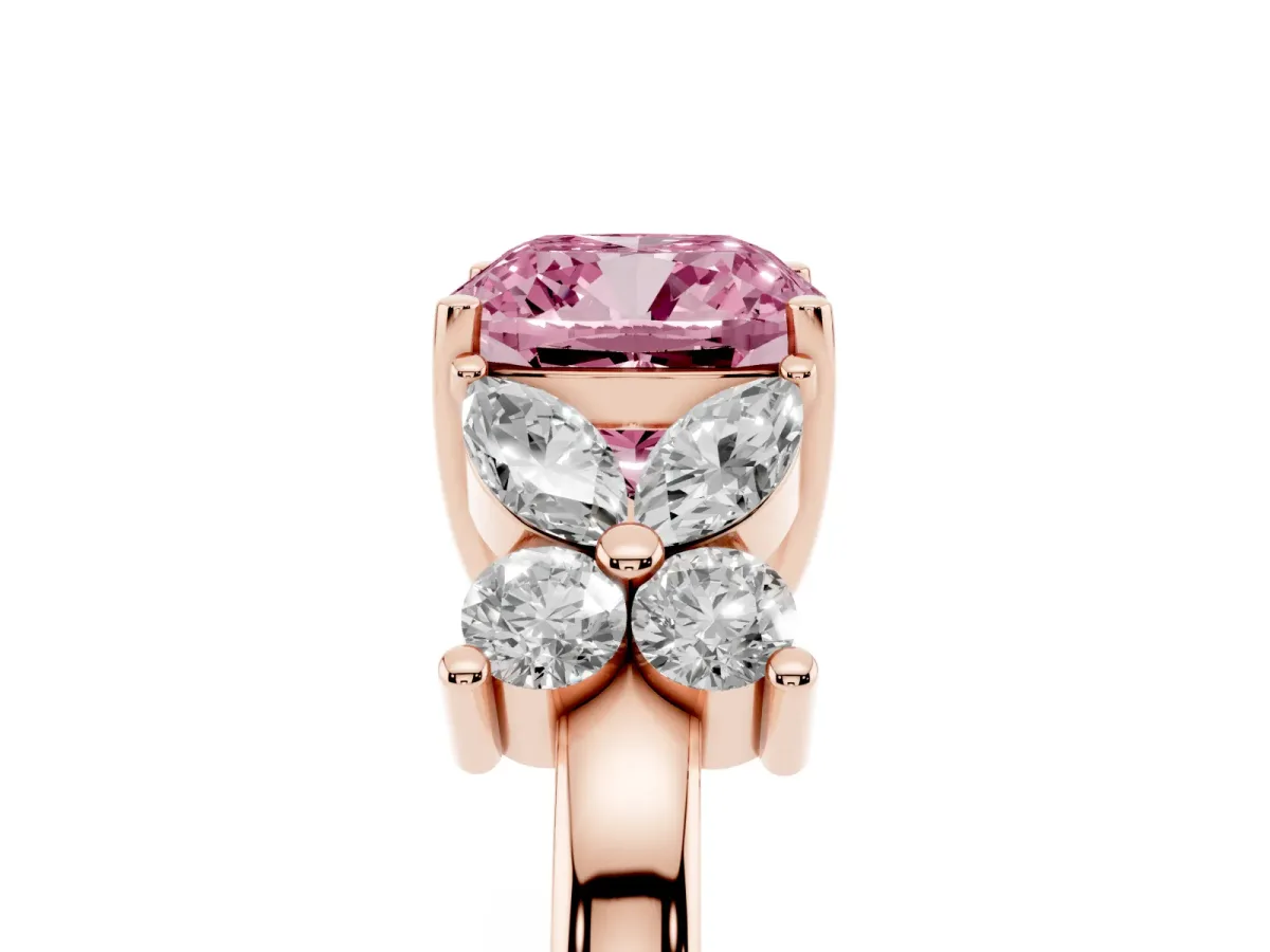 Fancy Pink Cushion Cut Diamond Floral Cluster Ring with Solitaire Band and Prong Setting Rose gold