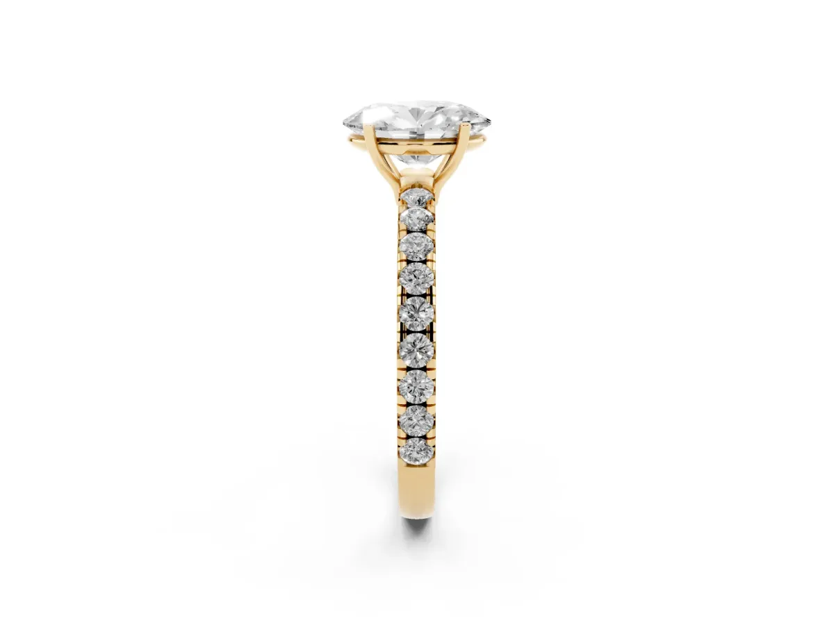 Oval Cut Diamond Pavé Solitaire Engagement Ring with Four-Prong Setting Yellow gold
