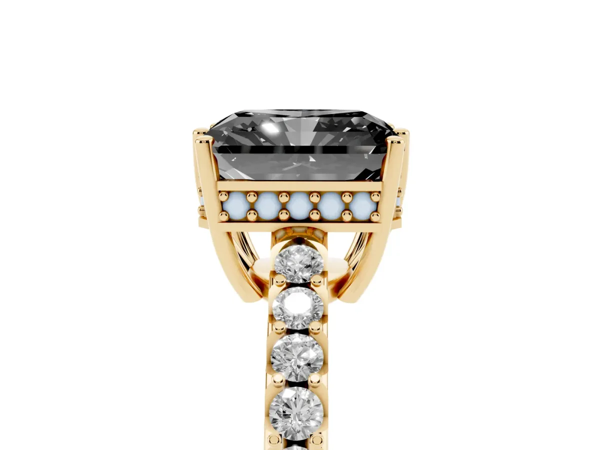 Fancy Black Radiant Cut Solitaire Diamond Engagement Ring with Pavé Band and Six-Prong Setting Yellow gold